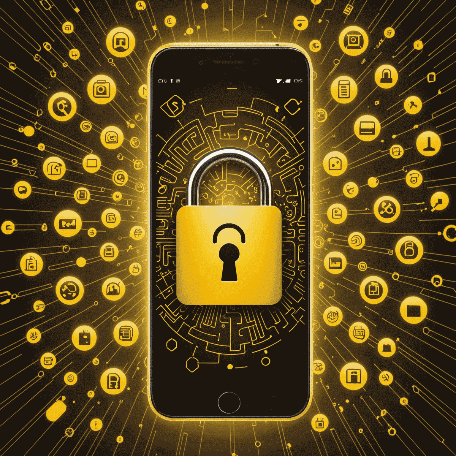 A smartphone with a digital lock icon, representing mobile security measures. The background shows various cyber threat symbols in faded yellow.