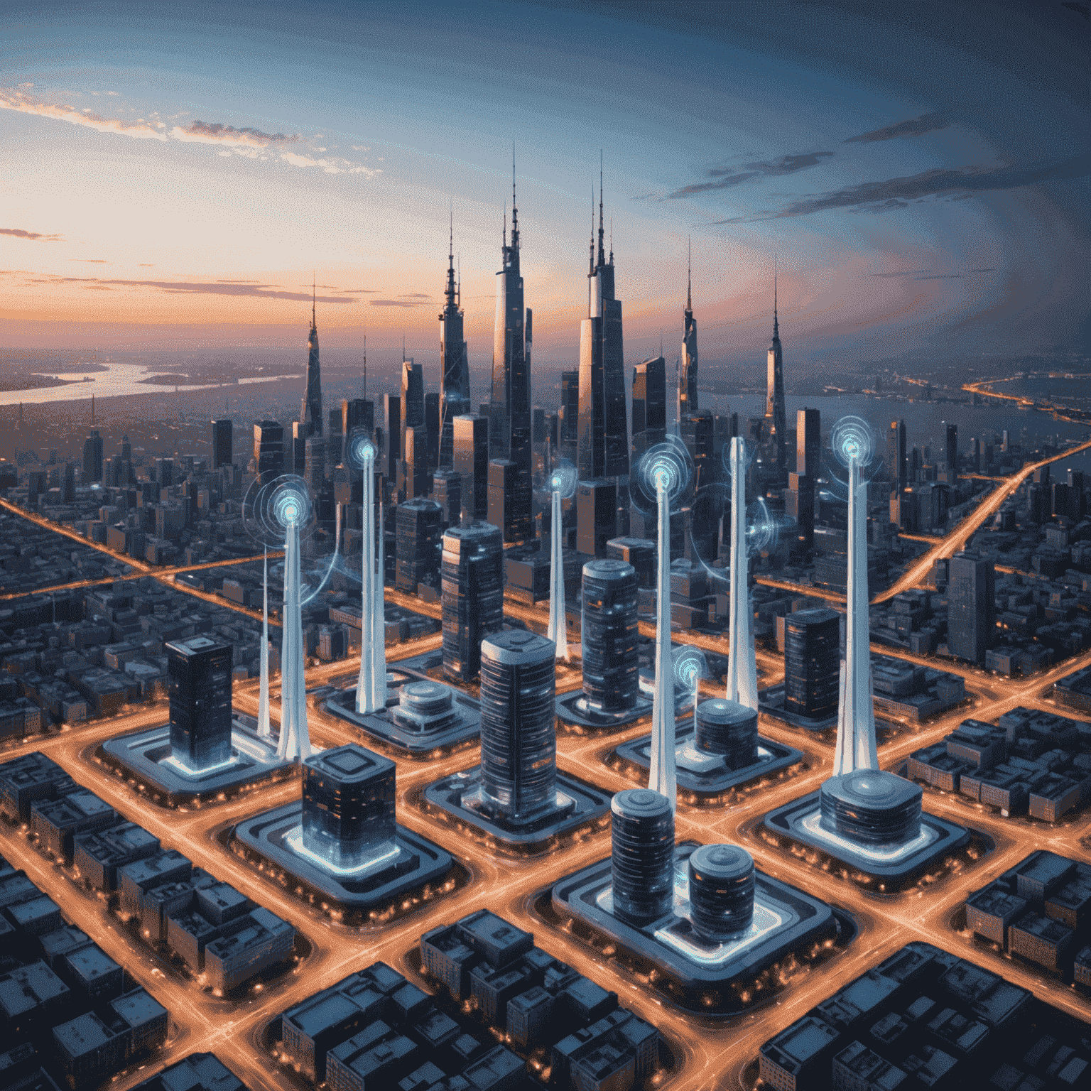 Visual representation of 5G network expansion with antenna towers and connected devices, showcasing global coverage