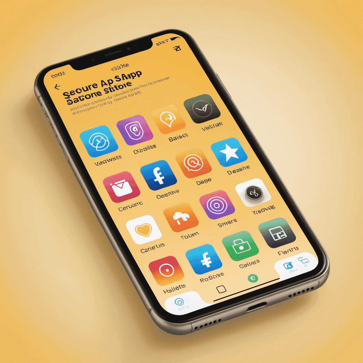 A smartphone screen displaying a secure app store interface with verified app badges and user ratings prominently shown. The background is a soft yellow gradient.