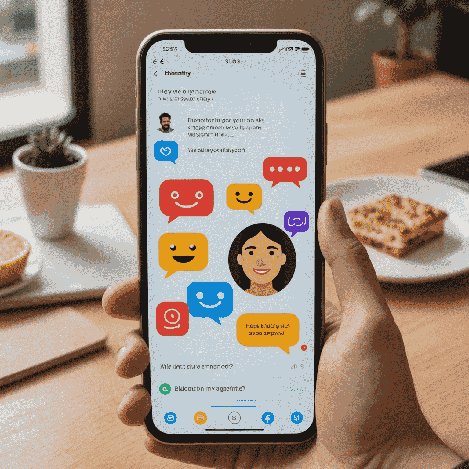 A smartphone screen displaying a messaging app interface with emotion indicators and suggested responses based on detected user emotions