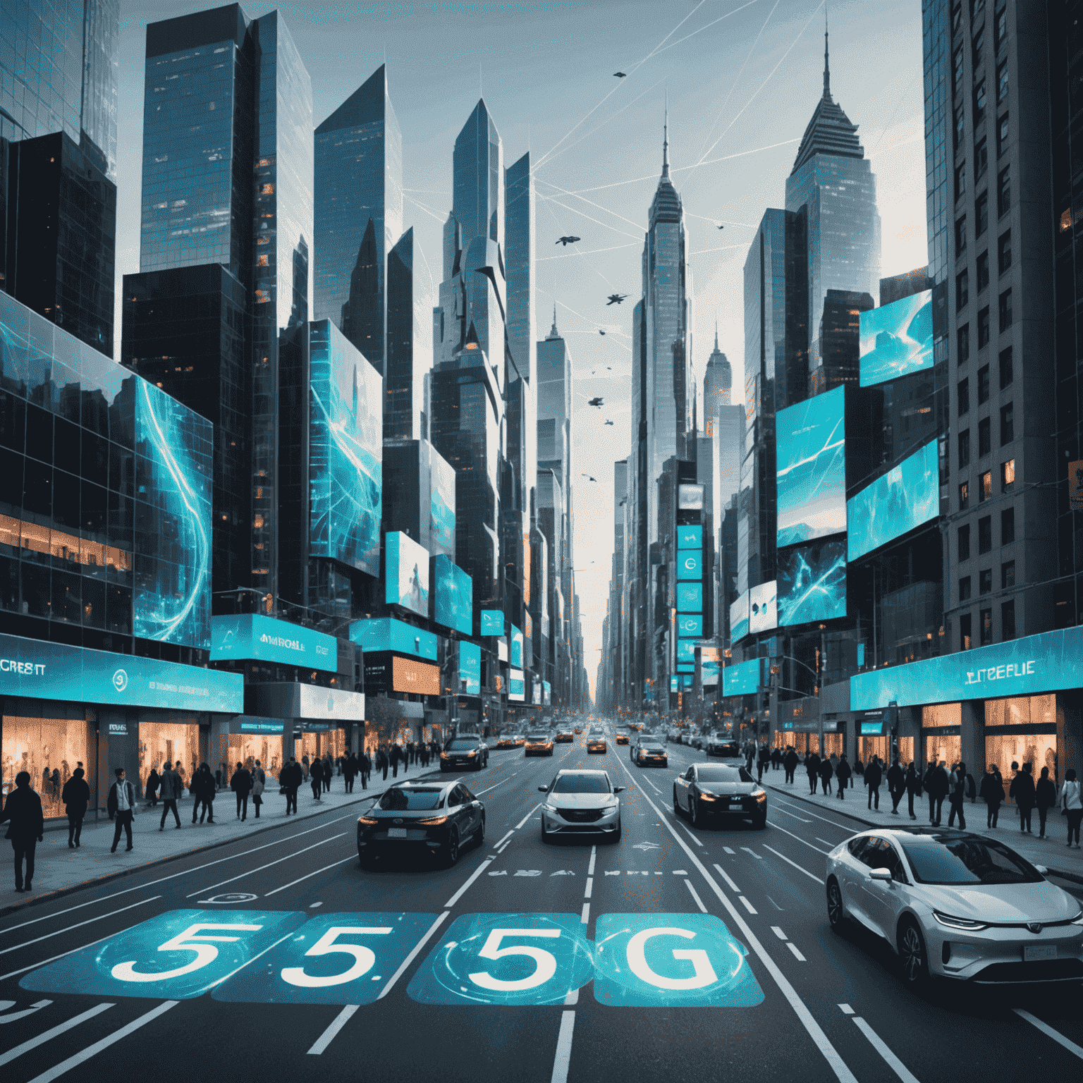 A futuristic cityscape with holographic displays, autonomous vehicles, and people using advanced mobile devices, all connected by visible 5G network waves