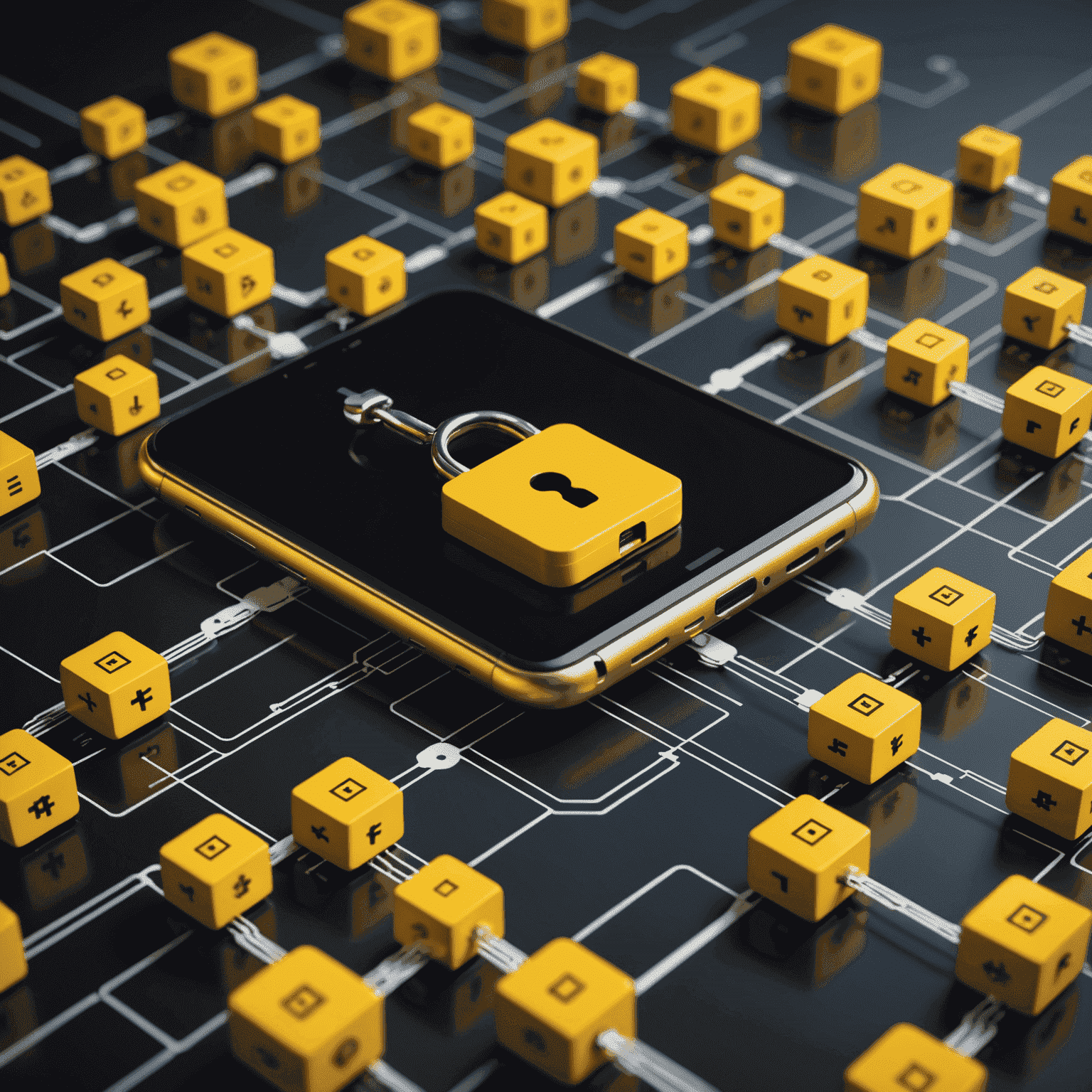 A visual representation of a blockchain network overlaid on a smartphone screen. The image shows interconnected blocks with lock symbols, emphasizing secure mobile transactions. The color scheme is predominantly yellow and black.