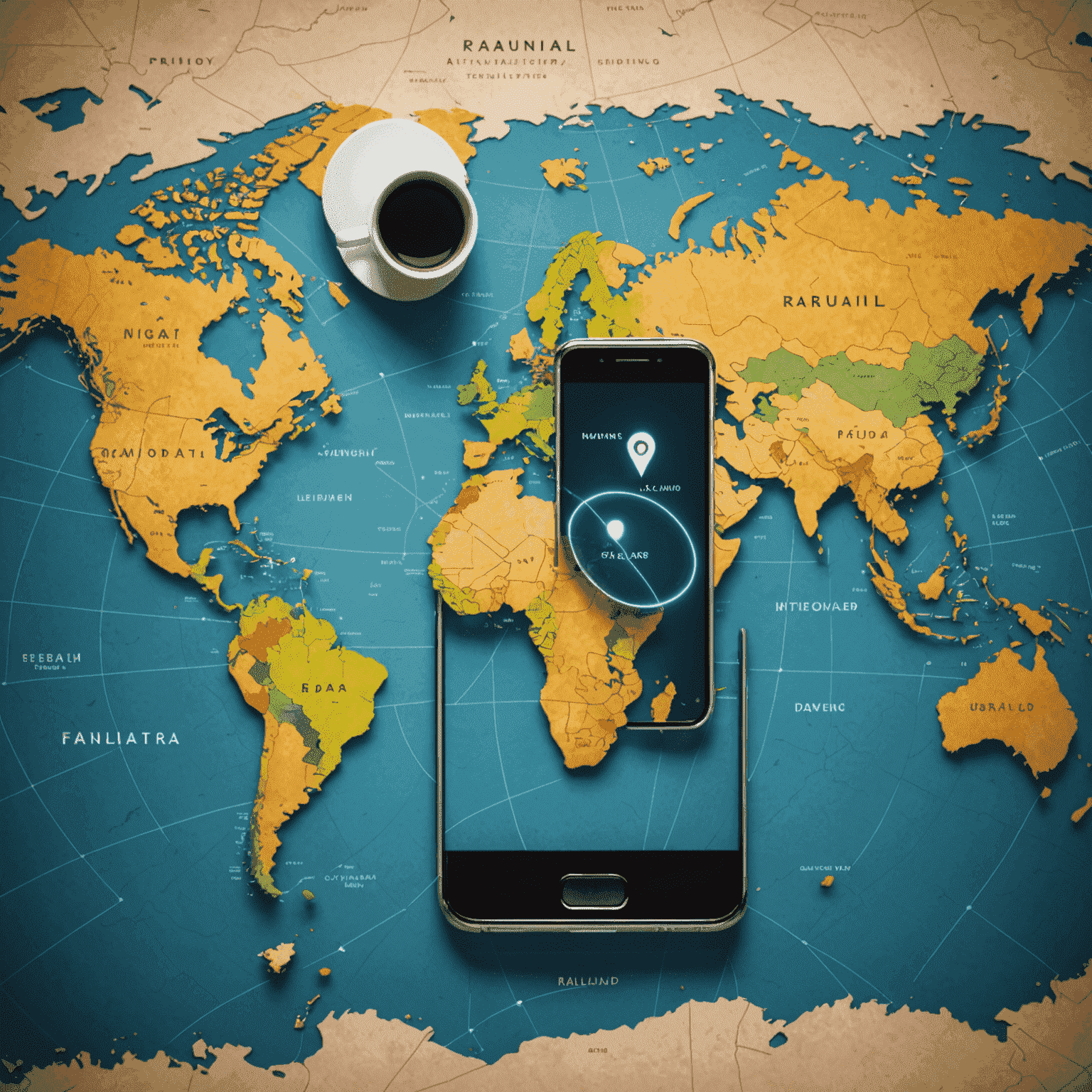 A world map with highlighted countries and a smartphone icon, representing international roaming capabilities