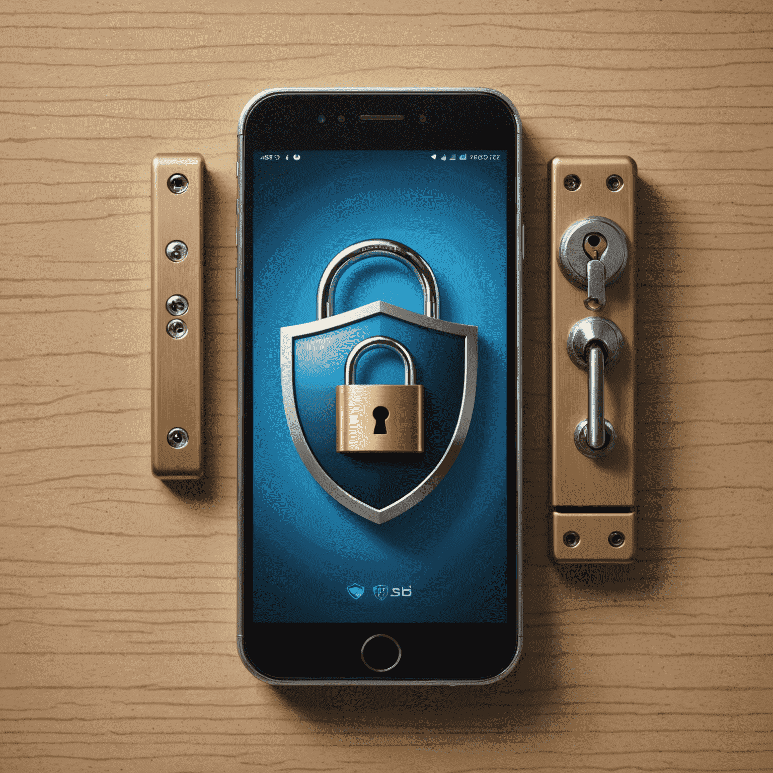 A smartphone with a shield icon and a padlock, symbolizing mobile security features